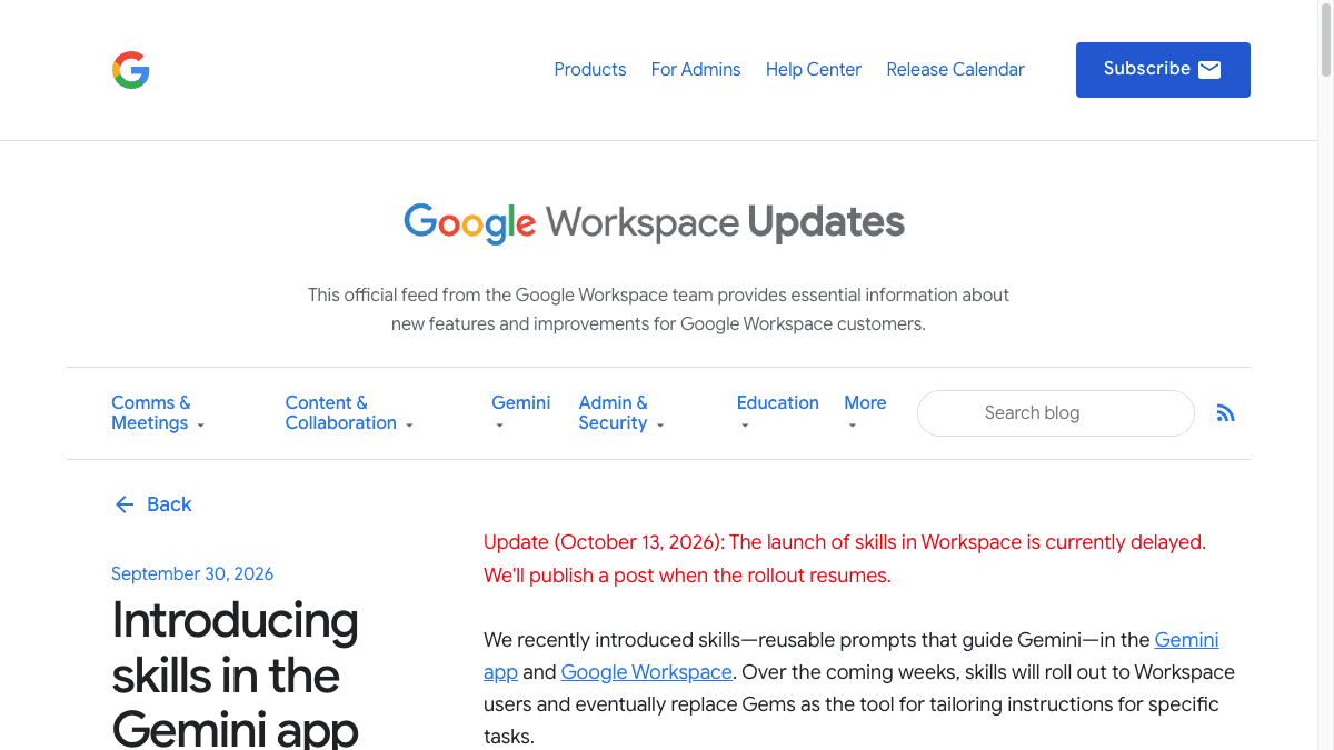 Google Workspace Updatesのページ