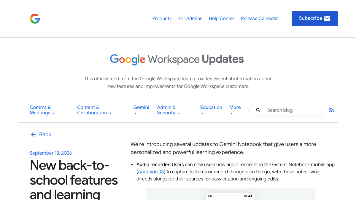 Google Workspace Updatesのページ