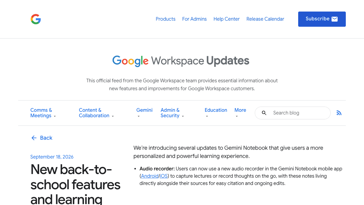 Google Workspace Updatesのページ