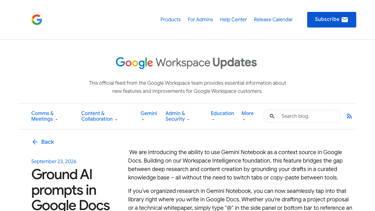 Google Workspace Updatesのページ