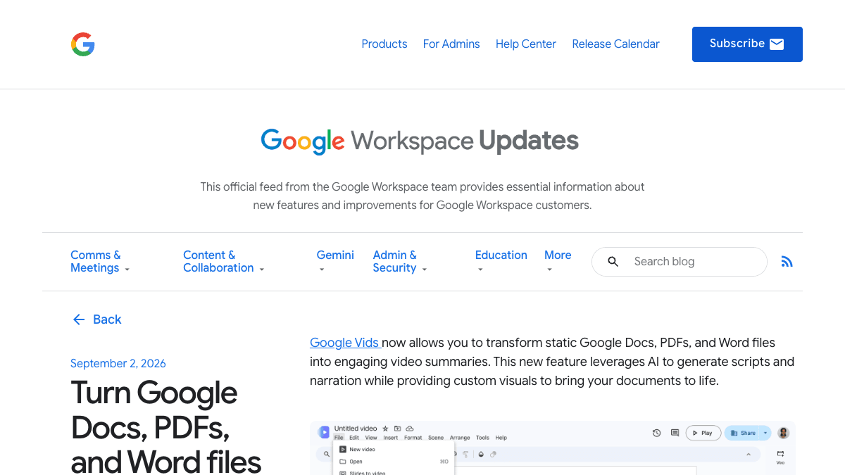Google Workspace Updatesのページ