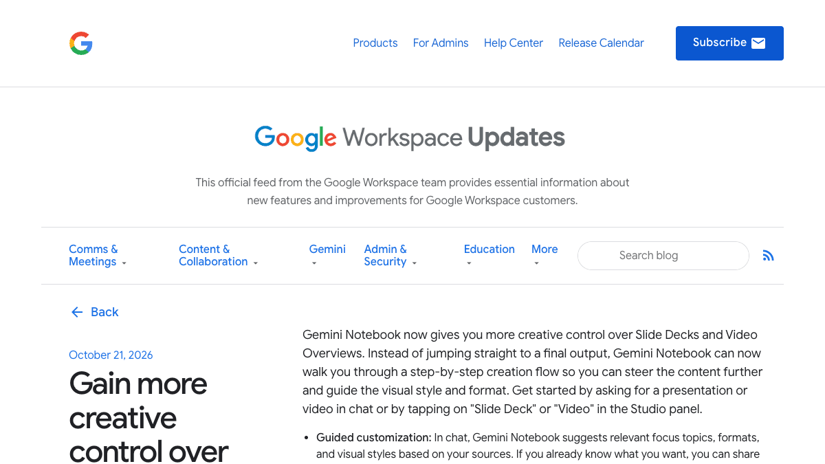 Google Workspace Updatesのページ