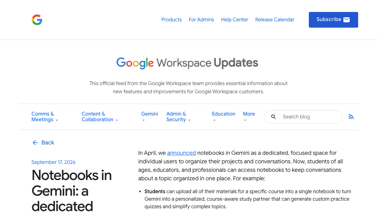 Google Workspace Updatesのページ