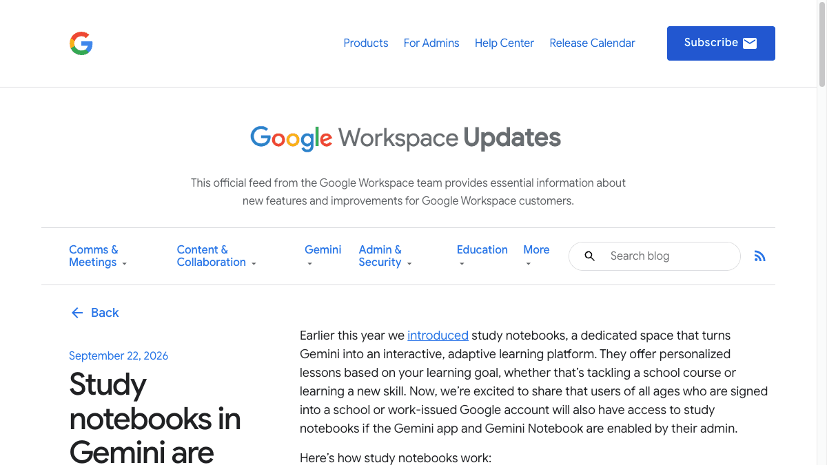 Google Workspace Updatesのページ