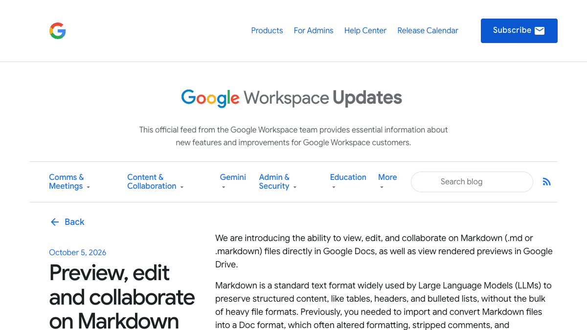 Google Workspace Updatesのページ