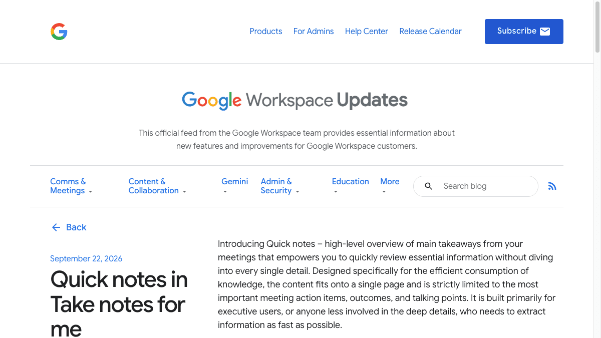 Google Workspace Updatesのページ