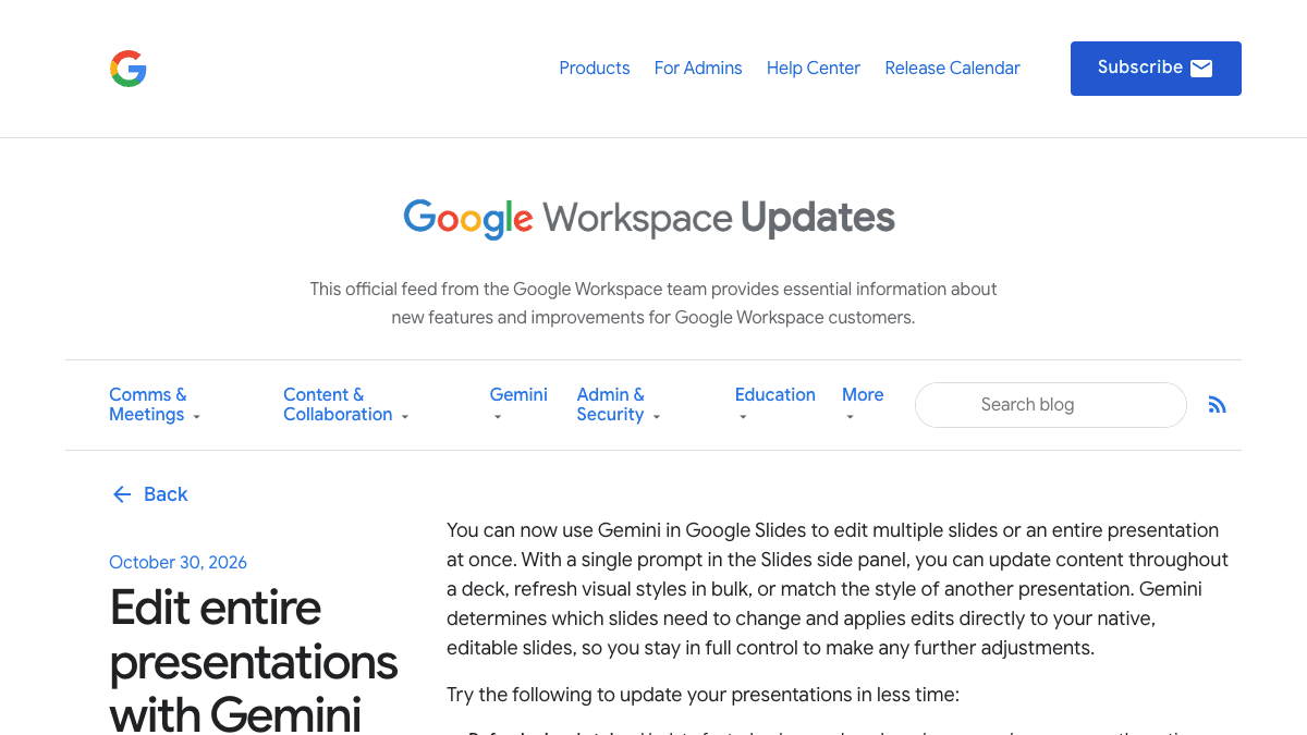 Google Workspace Updatesのページ